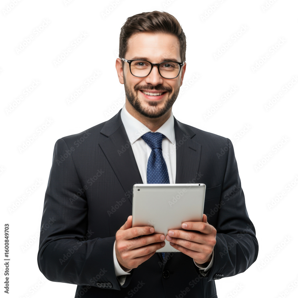 Smiling businessman with tablet isolated on transparent background Smiling businessman with tablet isolated on transparent background
