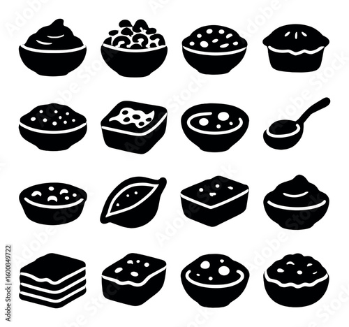 Food silhouette icon set: soup, salad, pie, pudding, spoon, loaf, dumpling, layered cake, beans
