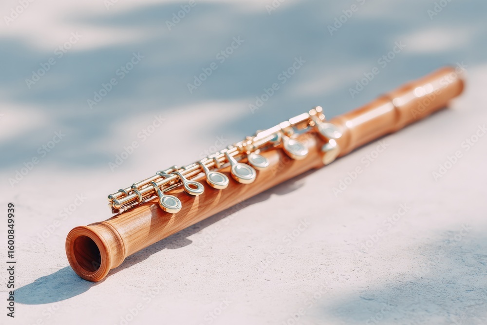 Naklejka premium lone wooden flute lies on clean white surface casting soft shadow surrounded by vast copy space