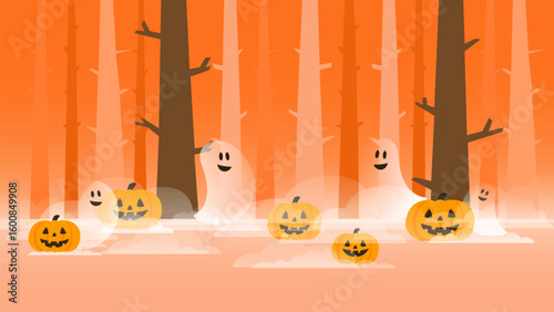 Halloween forest with ghosts and pumpkins in fog. Vector illustration for Halloween. Orange Halloween forest with ghosts and pumpkins as background. Mystical cartoon forest.
