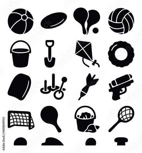 Beach activities silhouette icon set: ball, frisbee, volleyball, kite, bucket, shovel, armbands, water gun, float