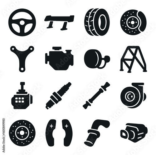 Automobile silhouette icon set. containing steering wheel, spoiler, tires, brakes, engine, turbo, and more.