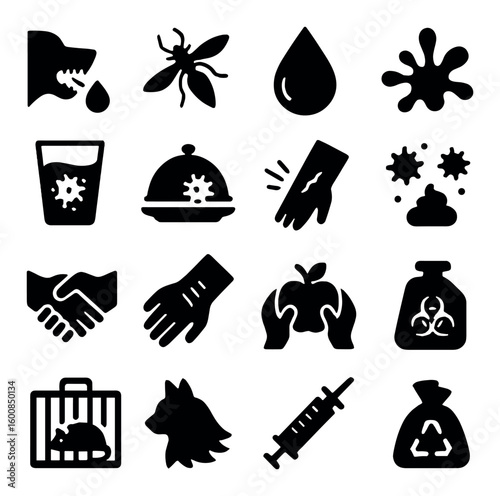 Hazard silhouette icon set. containing biohazard, infection, contamination, poison, pest control, waste, and more.