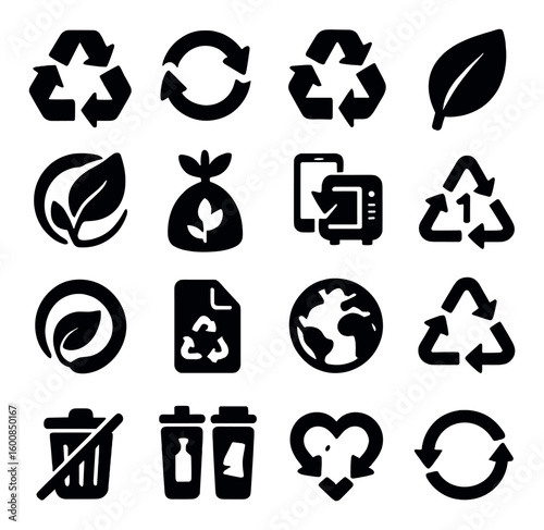 Eco silhouette icon set: recycling, earth, leaf, trash, sustainability, environment, cycle, waste management
