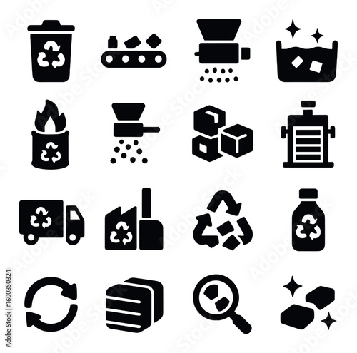 Recycling silhouette icons set: bin, conveyor, grinding machine, waste basket, incinerator, cube, press, truck.