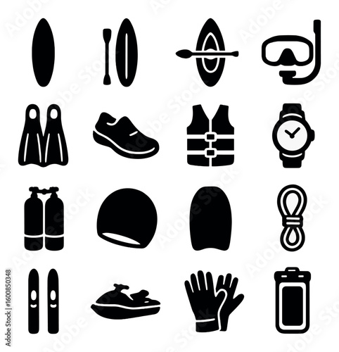 Water sports silhouette icon set. featuring surfboard, kayak, snorkel, fins, life vest, scuba tank, and more.