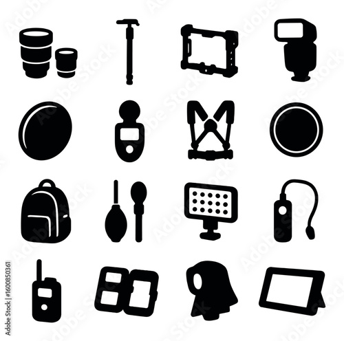 Photography gear silhouette icon set. includes lens, tripod, gimbal, flash, reflector, light meter, backpack, and more.