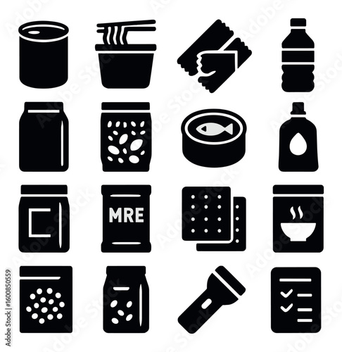 Food storage silhouette icon set: canned food, noodles, crackers, water bottle, mre, cereal, soup, checklist