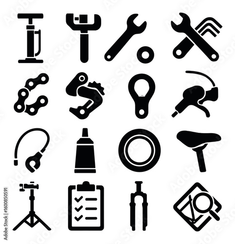Bicycle repair silhouette icon set: pump, wrench, chain, saddle, pedal, gears, brake, lubricant
