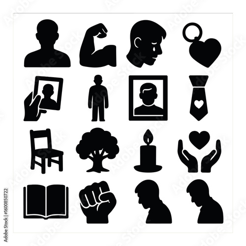 Memorial silhouette icons set: muscle, head, heart, portrait, tie, chair, tree, candle, book, hand