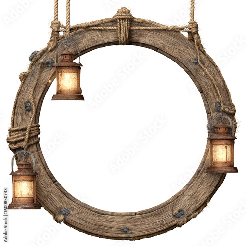 Wooden circle frame, rustic style, with hanging lanterns