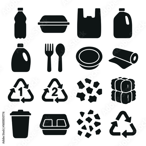 Recycling silhouette icon set: bottle, bag, container, cutlery, recycle symbol, waste, packaging