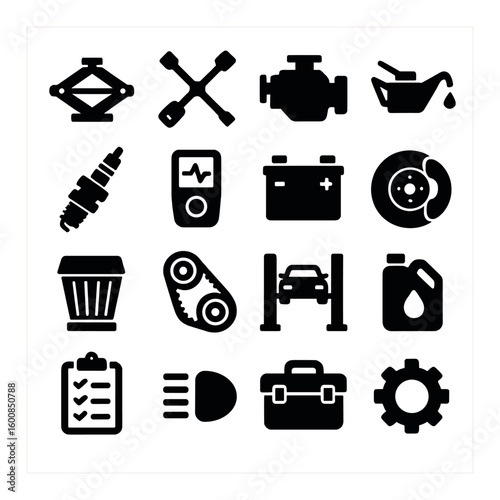 Automotive silhouette icons set. includes engine, oil, battery, brakes, filter, spark plug, tools