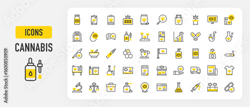 Set of Cannabis vector stroke icons. such as Injection, Regularize, Molecule, Location, First Aid Kit, Cream, Drop, Treatment, Bong, Care, Demand, Flag, Greenhouse, Discussion, Seeds illustration.	

