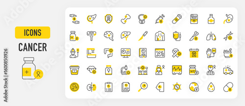 Set of Cancer vector stroke icons. such as Oncology, Colon, Skin, Dna, Doctor, Leukemia, Prostate, Radiotherapy, Breast, Kidneys, Biopsy, Liver, Pancreas, Ambulance, Patient, Cancer illustration.	
