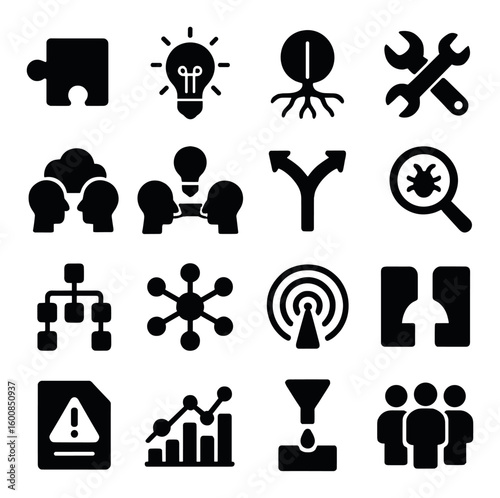 Tech silhouette icon set. containing puzzle, lightbulb, tree, tools, group, meeting, network, search, chart, alert.