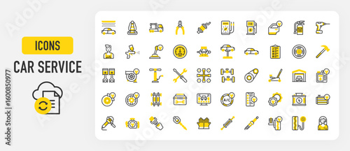 Set of Car service vector stroke icons. such as Toolbox, Ac , Service, Spray Paint Gun, Radiator, Seat Belt, Engine, Oil Change, Customization, Work Tools, Exhaust Pipe, Car Jack, Air illustration.	
