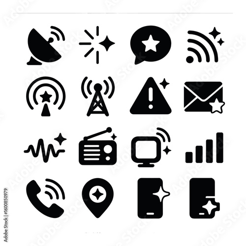 Silhouette communication icon set: satellite, signal, chat, email, radio, phone, location, wifi, alerts