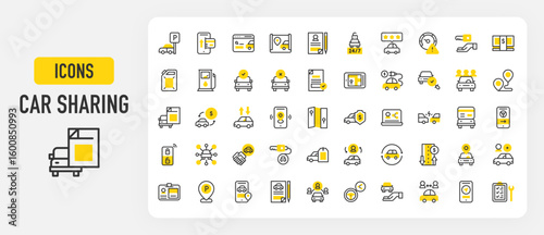 Set of Car sharing vector stroke icons. such as Speed Limit, Parking Lot, Search, Driving License, Car Key, Car Sharing, Phone, Pay, Files, Reject, Hand, Gas Station, User, Search illustration.	
