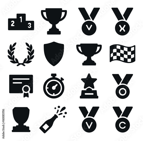 Awards silhouette icon set. containing trophy, medal, ribbon, podium, shield, stopwatch, certificate, and more.