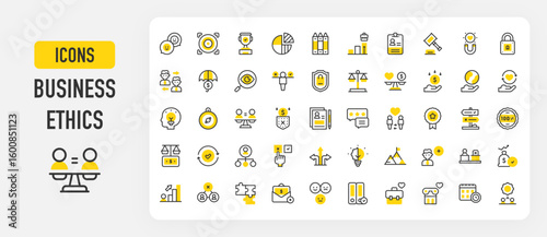 Set of Business ethics vector stroke icons. such as Feedback, Absence, Badge, Investition, Decisions, Badge, Search, Equality, Check, Promotion, Award, Puzzle, Team, Incorporation illustration.	
