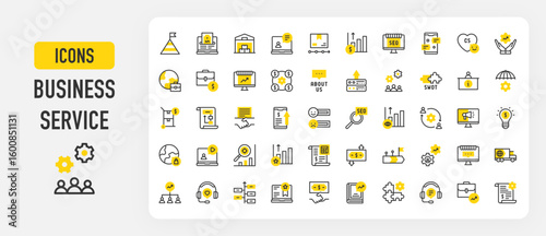 Business service icons. About Us, Roadmap Planning, Outsourcing, Vision, Solution, Workflow, Contract, Development, Business, Warehouse, Trend, Certified vector stroke illustration.	
