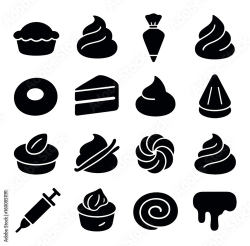 Dessert silhouette icon set. includes cupcake, frosting, cake, donut, whipped cream, pastry bag, and more.