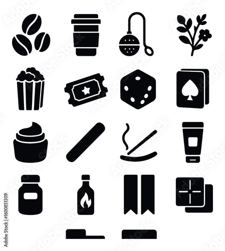Recreation and leisure silhouette icons set: coffee, tea, popcorn, tickets, dice, cards, skincare, spices, bookmark