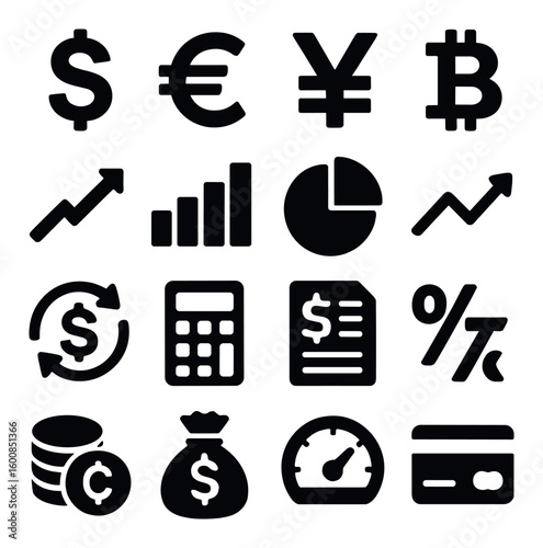 Finance silhouette icon set: dollar, euro, yen, bitcoin, growth, chart, calculator, credit card, coins, money bag