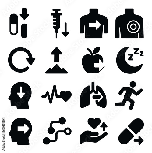 Health silhouette icon set. containing medicine, injection, lungs, heartbeat, apple, sleep, and more.