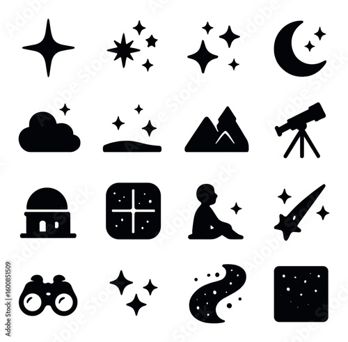 Astronomy silhouette icon set. featuring star, moon, cloud, mountain, telescope, observatory, binoculars, and more.