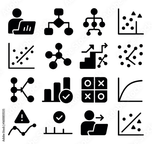 Data analysis silhouette icon set. containing charts, graphs, network, growth, statistics, prediction, and more.