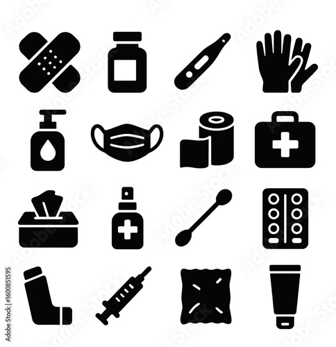 Healthcare silhouette icon set. featuring bandage, pill bottle, thermometer, gloves, mask, sanitizer, and more.