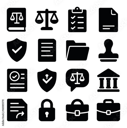 Legal silhouette icon set. containing scale, document, contract, shield, folder, stamp, certificate, courthouse and more.