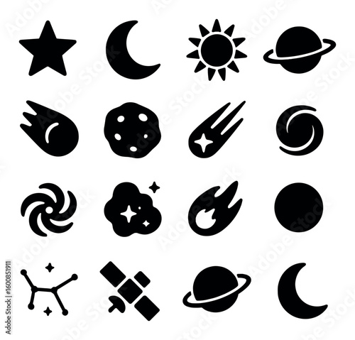 Space silhouette icon set. containing star, moon, sun, planet, asteroid, galaxy, constellation, and more.
