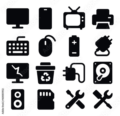 Technology silhouette icon set: computer, tv, printer, keyboard, mouse, battery, plug, repair tools