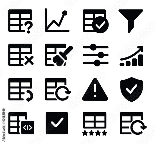 Data analysis silhouette icon set: table, chart, filter, settings, alert, shield, code, star
