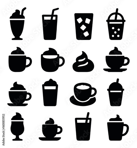 Beverage silhouette icon set. includes coffee, tea, milkshake, smoothie, latte, cappuccino, hot chocolate.