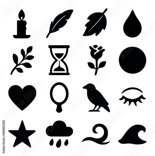 Nature silhouette icon set. containing candle, feather, leaf, droplet, branch, hourglass, rose, moon, heart, and more.