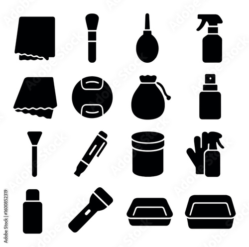 Silhouette cleaning icons set. includes spray bottle, brush, duster, wipes, detergent, and more.