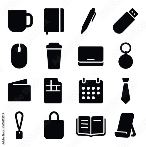 Office silhouette icon set. containing mug, notebook, pen, usb drive, mouse, and more.