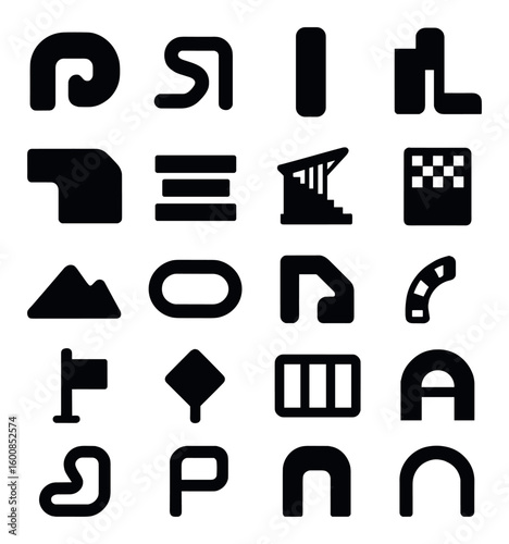 Navigation silhouette icon set. includes roads, paths, directions, mountains, flags, and more.