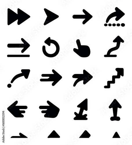 Navigation silhouette icon set. including fast forward, right arrow, reload, hand gesture, stairs, and more.