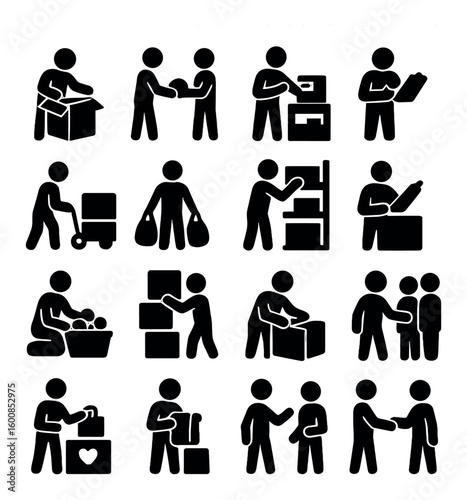 Charity silhouette icon set. featuring donation, volunteering, packing, delivery, collaboration and more.