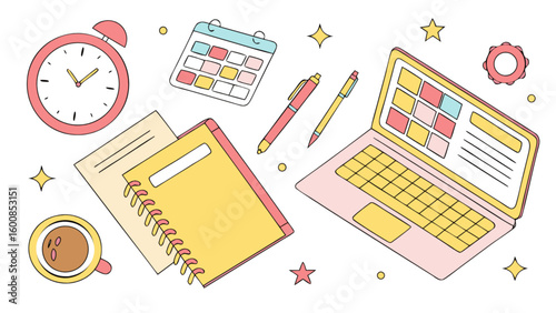 Illustration of a desk with laptop, notebook, calendar, alarm clock and coffee cup in pastel colors