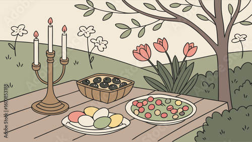 Still life of a table with food and candles in a garden setting with flowers and a tree in background