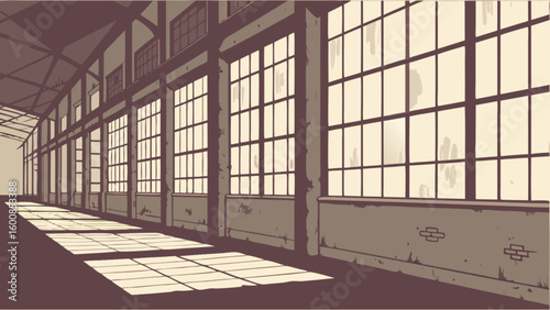 Illustration of a large industrial building interior with many windows and light patterns on the floor