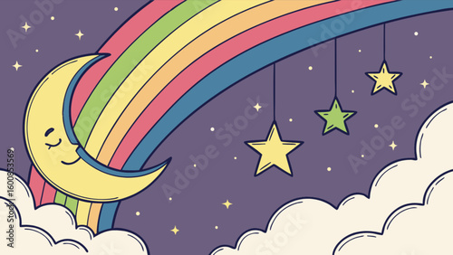 Illustration of a sleeping moon with a rainbow, stars, and clouds in a dreamy night sky scene