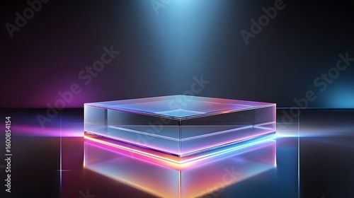 Abstract geometric cube illuminated by colorful neon lights in a futuristic setting with a reflective surface