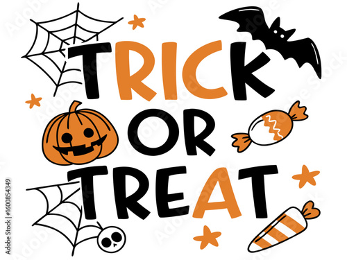 Trick or treat lettering, festive mood, playful design, colorful illustration, copy space